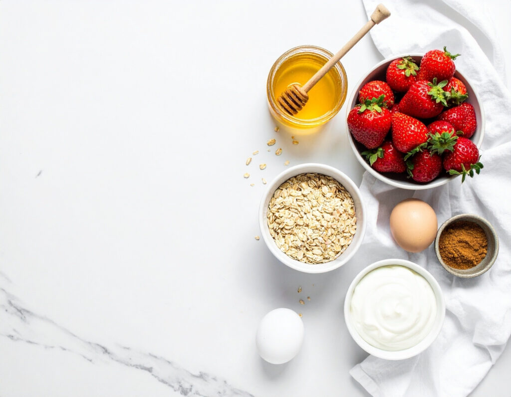 Zutaten für Erdbeermuffins von oben: frische Erdbeeren, Honig, Haferflocken, Naturjoghurt, Eier und Zimt auf Marmor