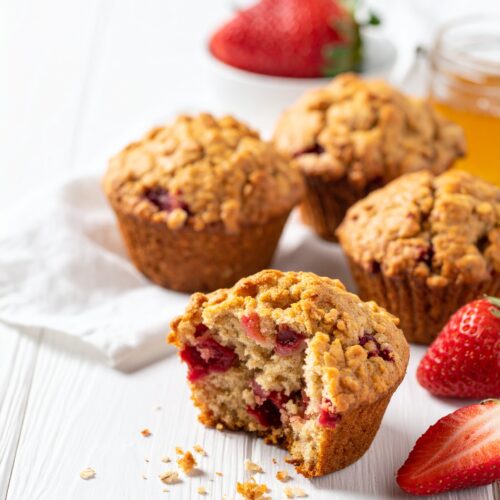 Saftiger Erdbeermuffin mit Anschnitt auf weißem Holz, frische Erdbeeren und Honig im Hintergrund